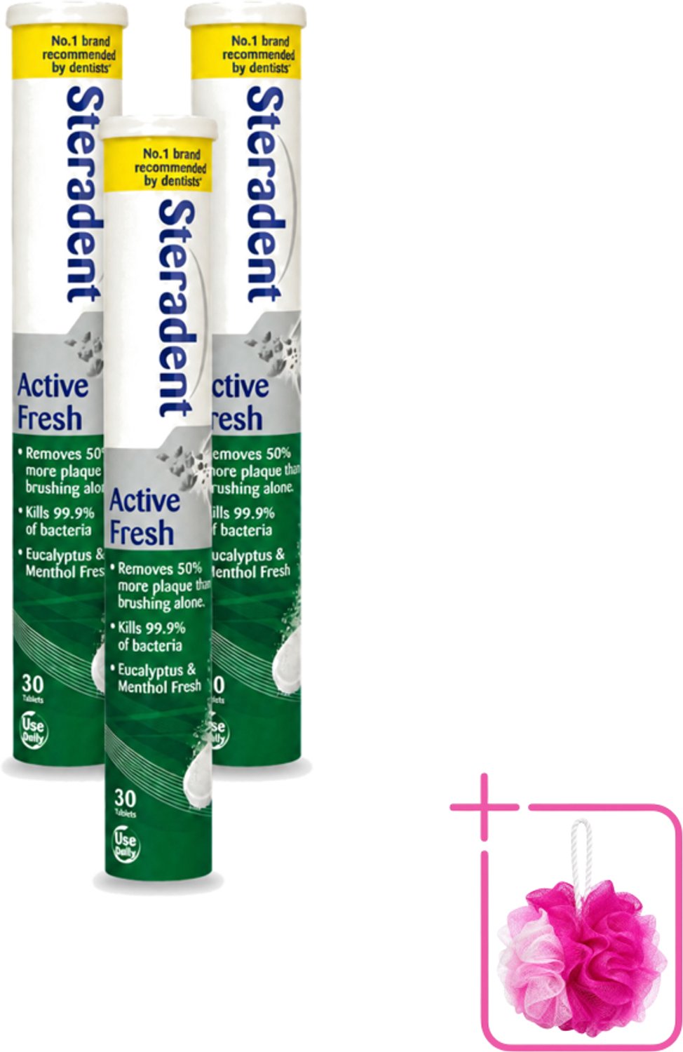 3 x Steradent - Reinigingstabletten - Active Fresh - Voor Kunstgebitten - 30 Tabletten - Bulkverpakking - Kunstgebit reinigen - Douchemop - Kunstgebit reinigingstabletten