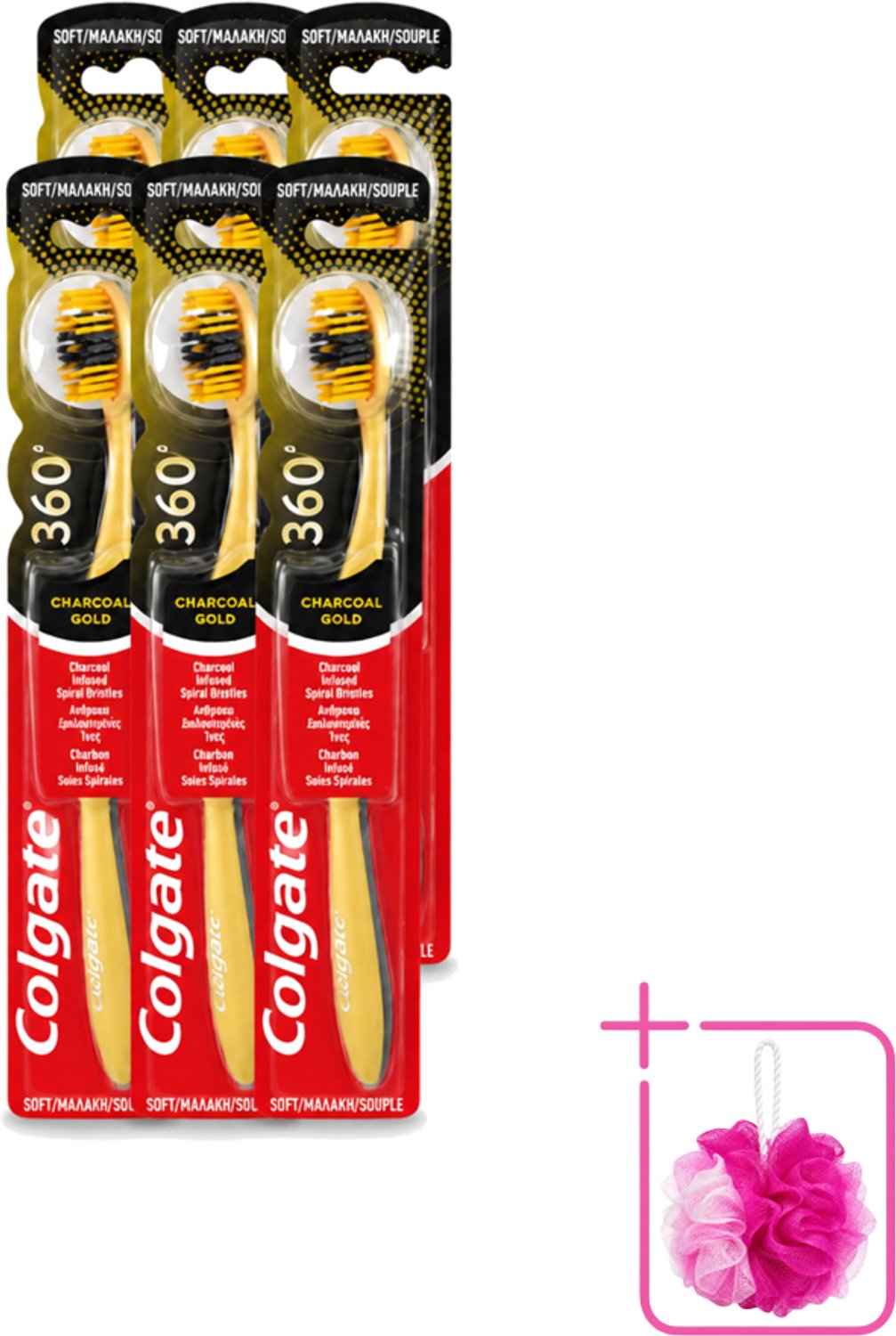 6 x Colgate - Tandenborstel - 360 Charcoal Gold Soft - Zwart/Goud - 1 Tandenborstel - Bulkverpakking - Tandenborstel - Houtskool