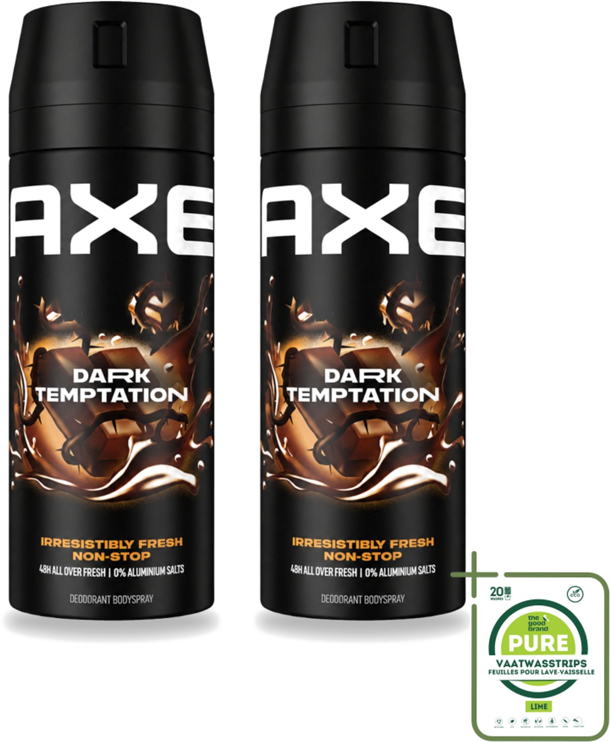 2 x Axe - Deodorant Bodyspray - 48hrs Non Stop Fresh - Dark Temptation - Dark Chocolate - 150 ml - Grootverpakking - Vaatwasstrips - Deodorant Bodyspray - Geurbeheersing - Frisheid - Lichaamsgeur - Donkere Chocolade