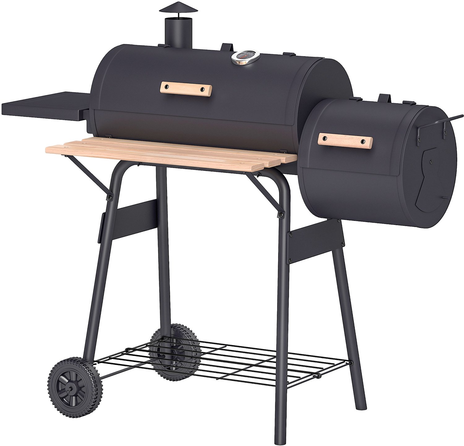 Houtskoolbarbecue met deksel en rookgedeelte, tuinbarbecue met planken en wielen, 124 x 53 x 104 cm, zwart