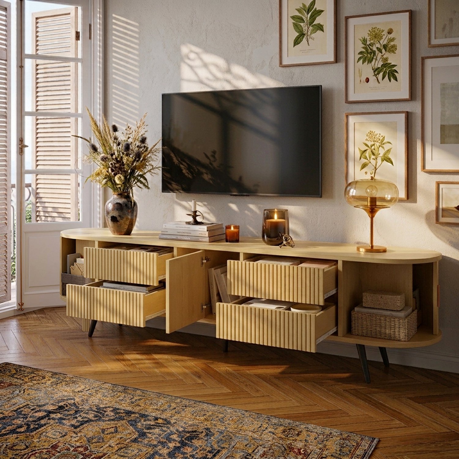 Clruro TV-Meubel - 180×40×45 cm - Ovaal - 4 Laden en Roldeur - MDF - Houtlook Naturel