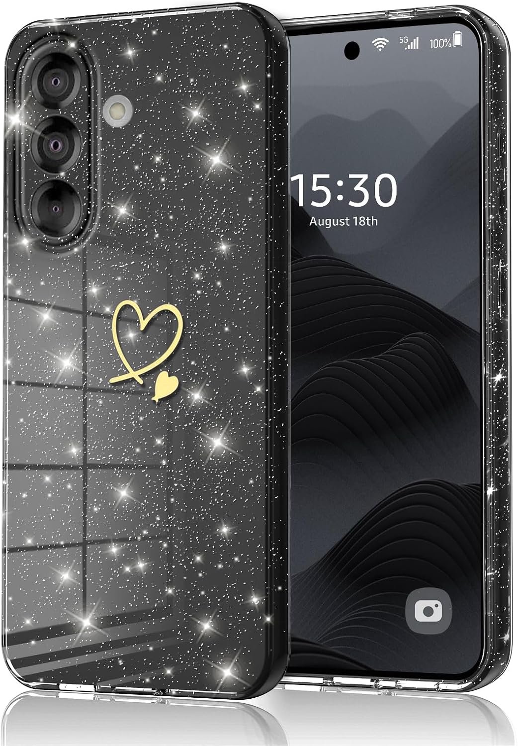 Beschermhoes voor Samsung Galaxy A56 5G, glitter, hartpatroon, siliconen, bescherming, zacht, dun, krasbestendig, schokbestendig, anti-vingerafdruk, zwart