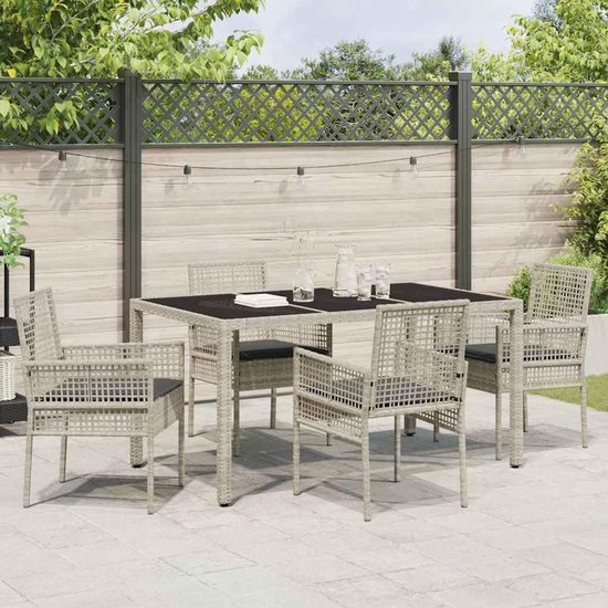 Poly rattan gehard glas moderne eettafelset 5 delig lichtgrijs 150x90x75 cm — afbeelding 2