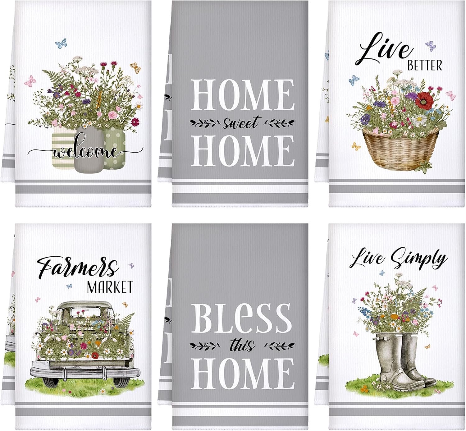 Boyiee Set van 6 lente bloemen keukenhanddoeken wilde bloemen theedoeken absorberend 61 x 46 cm theedoeken keuken geschenken handdoeken bloemenliefhebber geschenken voor boerderij keuken badkamer