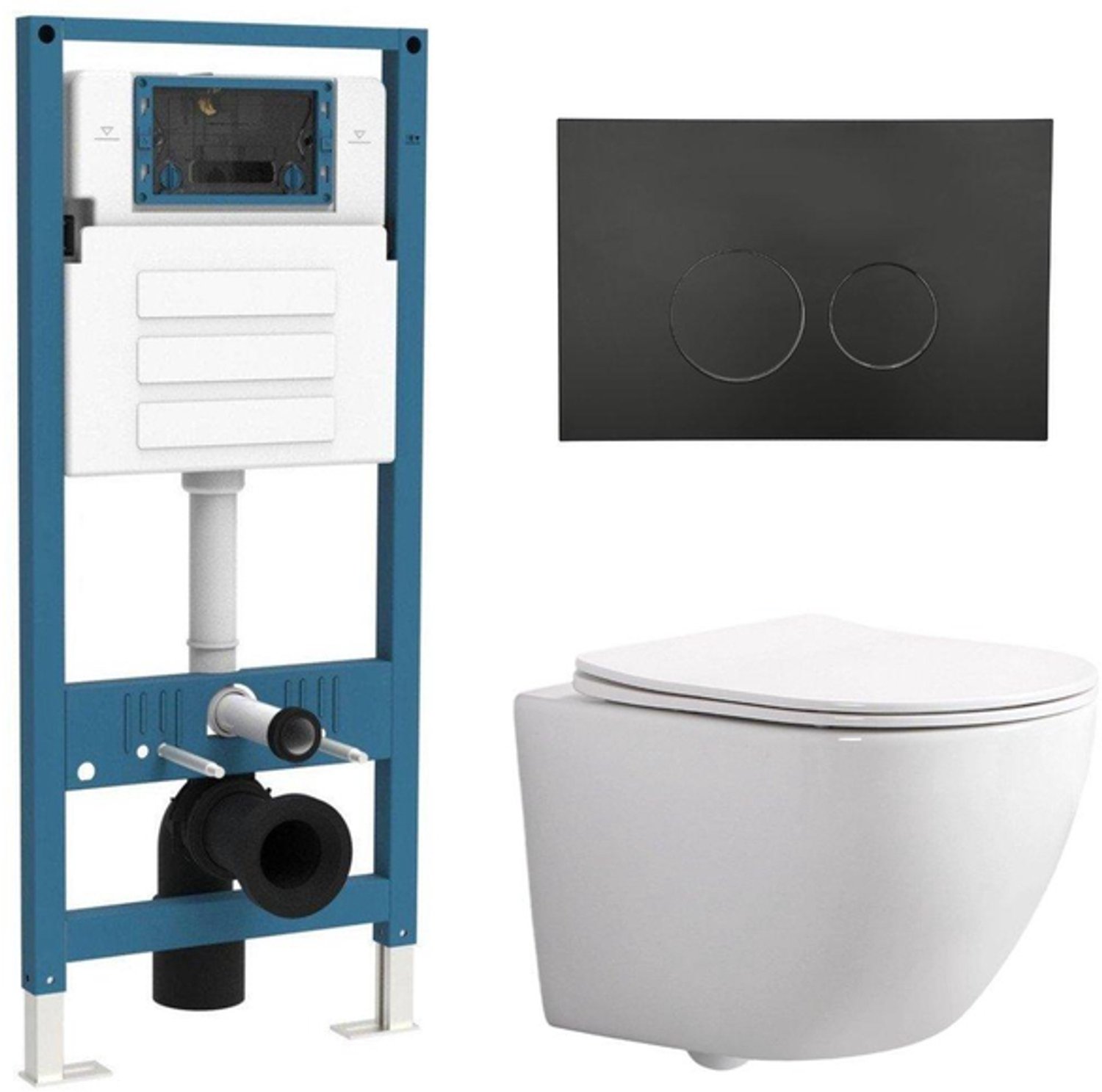QeramiQ Dely Swirl Compact Toiletset - inbouwreservoir QeramiQ flush - slim zitting - kunststof bedieningsplaat mat zwart - ronde knoppen - glans wit
