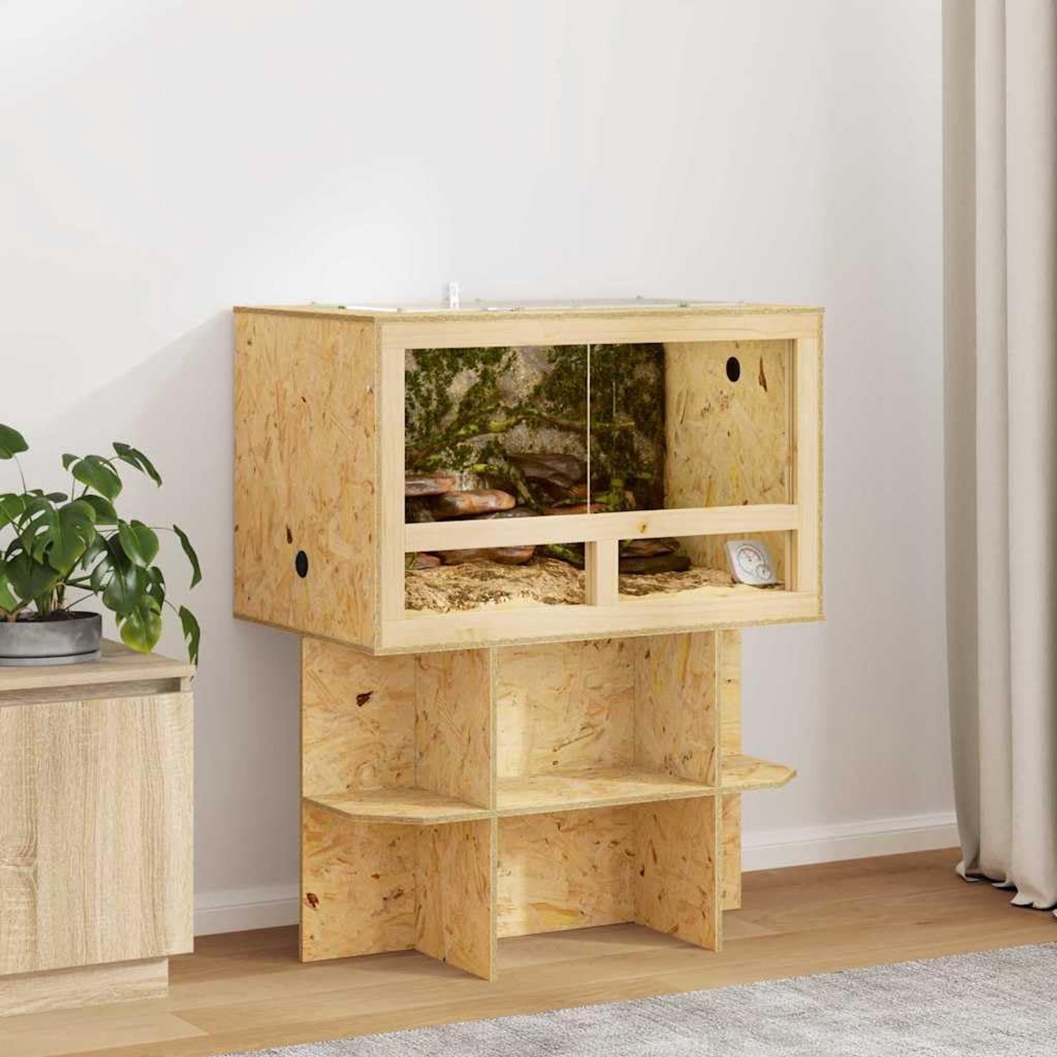 Terrarium, 80 x 50 x 50 cm, van OSB, reptielenhok voor reptielen en amfibieën, inclusief thermometer, robuust terrarium voor binnenshuis