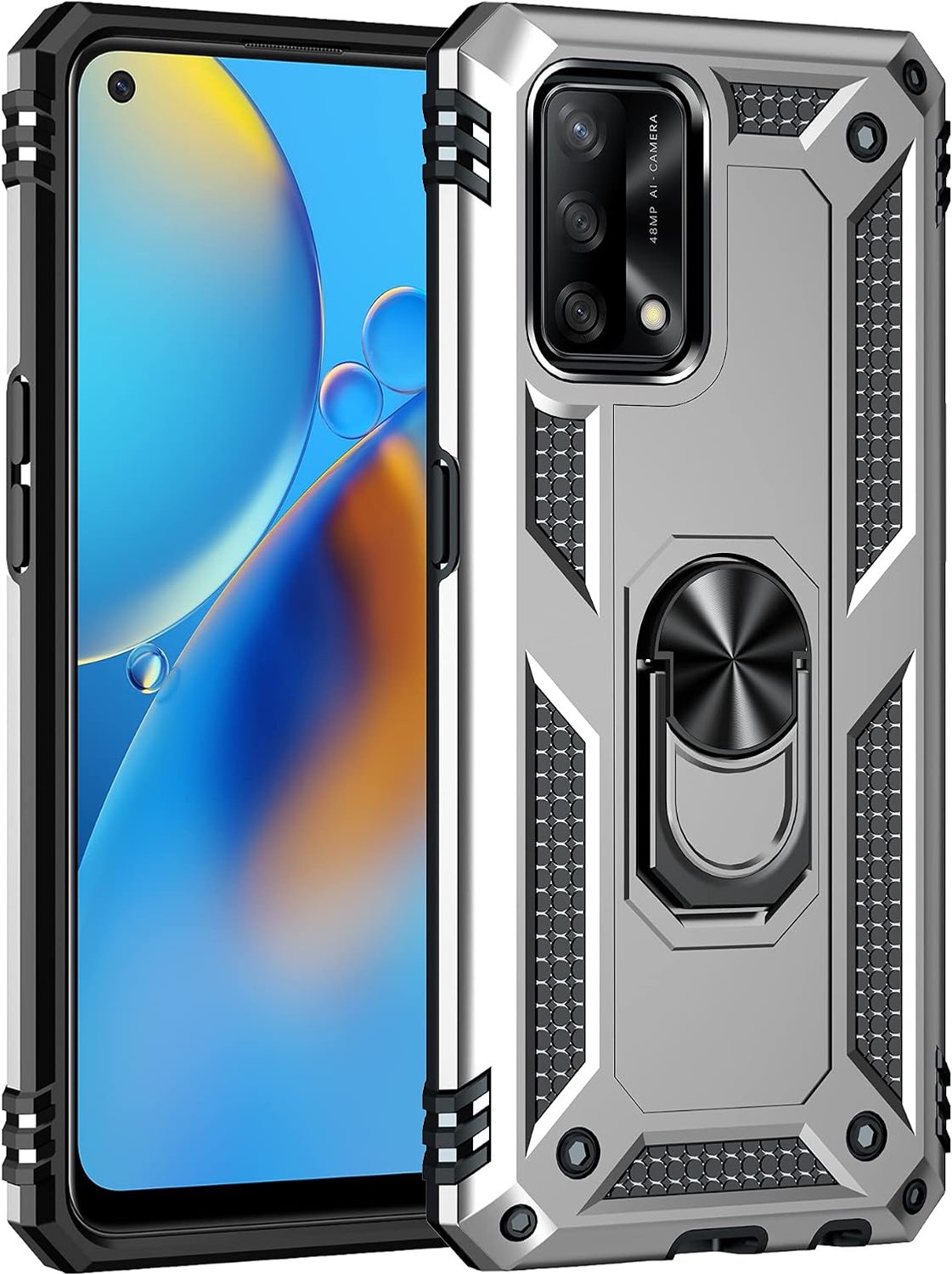 Compatibel met Oppo A74 4G, [Stoere Armor-serie] Robuust Anti-jeuk PC Rug Paneel + TPU + Opvouwbare Houder. Zilver