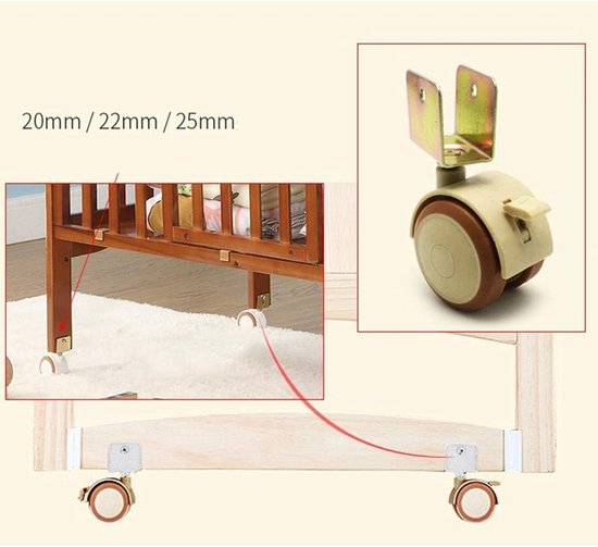 4 stuks kinderwiegwiel in rubberen zwenkwiegwielen 2 inch meubelwiel met rem, babybedje wielaccessoires, belasting 100 kg, dubbel wiel, stil, met U-beugel (25 mm/1 inch) 25 mm/1 inch (kleur: 20 mm/0,8 — afbeelding 5