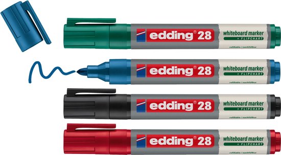 Vier edding 28 whiteboardmarkers in het groen, blauw, zwart en rood, met blauwe dop.