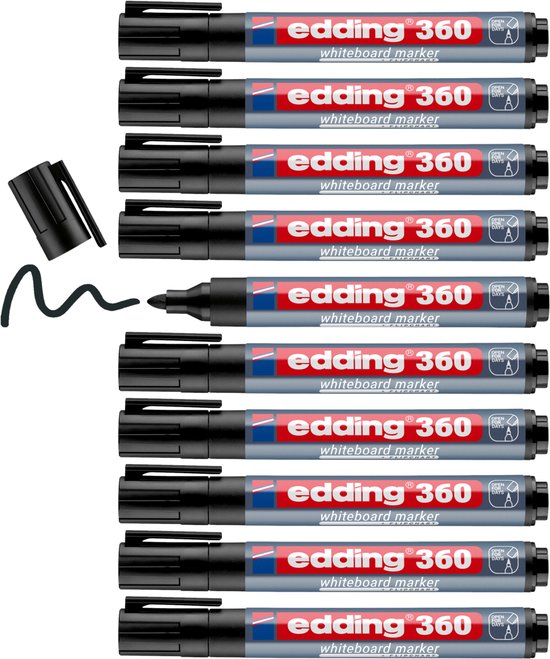 Tien zwarte edding 360 whiteboardmarkers met rode en blauwe accenten op zwarte achtergrond.