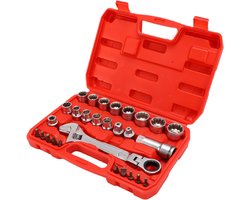 19 Mm 2-in-1 Ratelende Doorsteek-Doppenset Metrische Spline-doppen 3/8- en 1/2-inch Aandrijfadapters 13-delige Doppenset 10-24 Mm met Draagbare Opbergdoos voor Het Vastdraaien