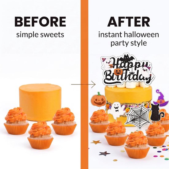 25 stuks Halloween-taartdecoraties voor verjaardag, set met 1 grote Happy Birthday-topper en 24 glinsterende cupcake-toppers voor taarten, muffins en themafeesten, pompoen, geest, heks — afbeelding 5