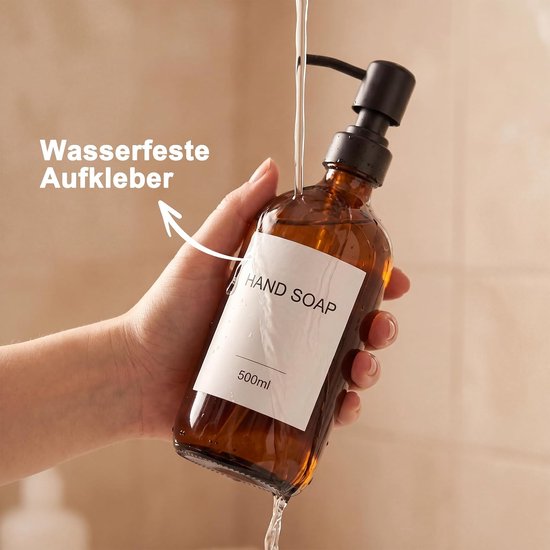 2 stuks glazen zeepdispenser met roestvrijstalen pomp, 500 ml handzeepdispenser, navulbare amberkleurige glazen zeepdispenser voor keuken en badkamer met pomp en label — afbeelding 5