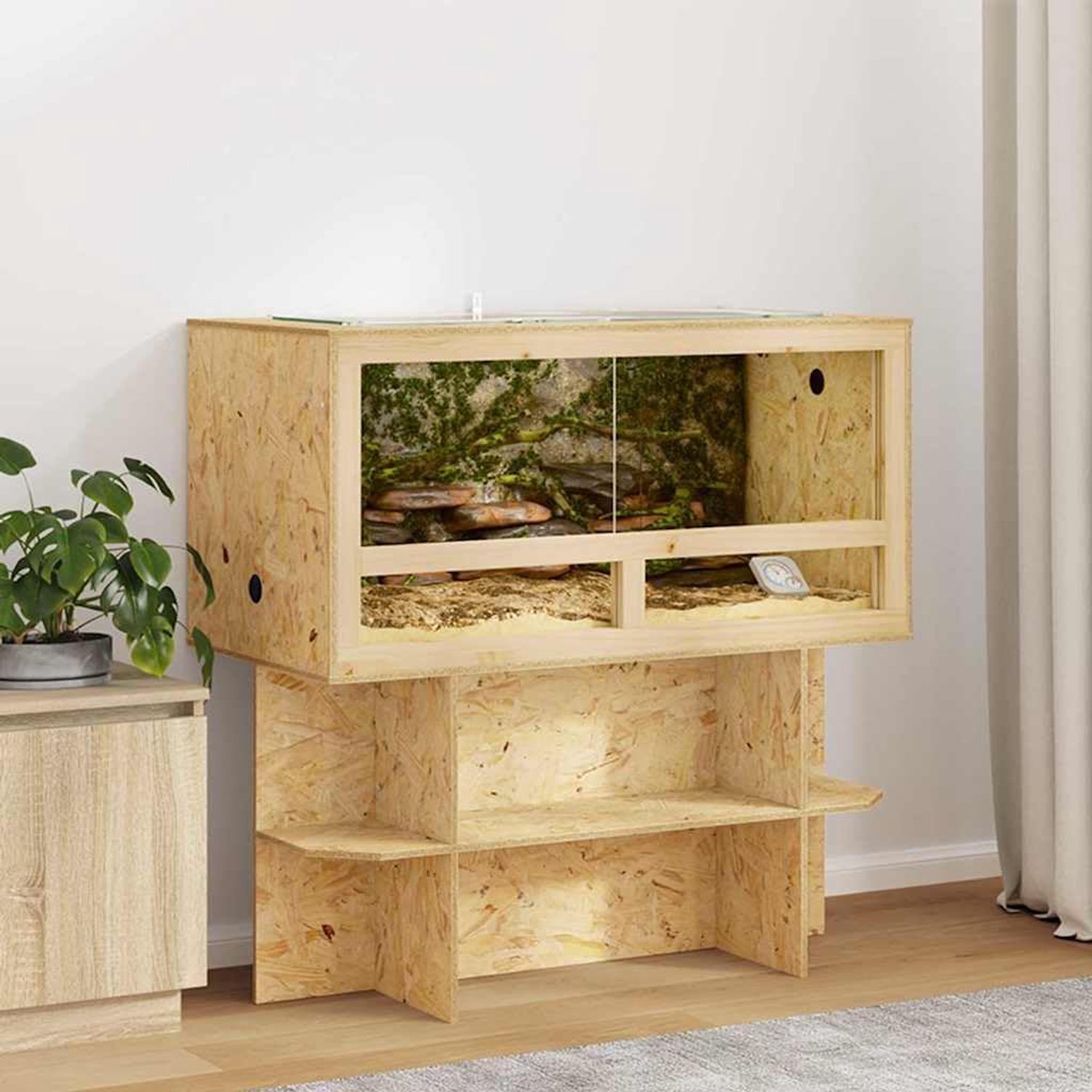 Terrarium voor reptielen, 100 x 50 x 50 cm, van OSB-hout, rechthoekige omheining voor amfibieën met thermometer, robuust vivarium voor terraristiek