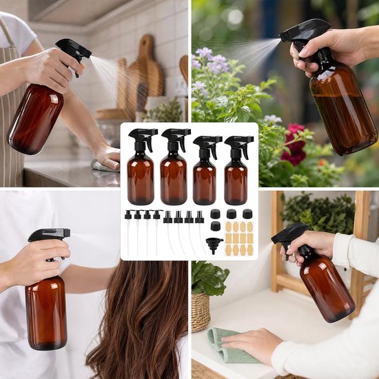 4 stuks spuitflessen, reinigingsfles, verstuiverfles, navulfles met 300 ml en 500 ml inhoud, meerdere opzetstukken, huishoudelijke sproeier voor reiniging, tuin, haarverzorging, gebruik — afbeelding 4