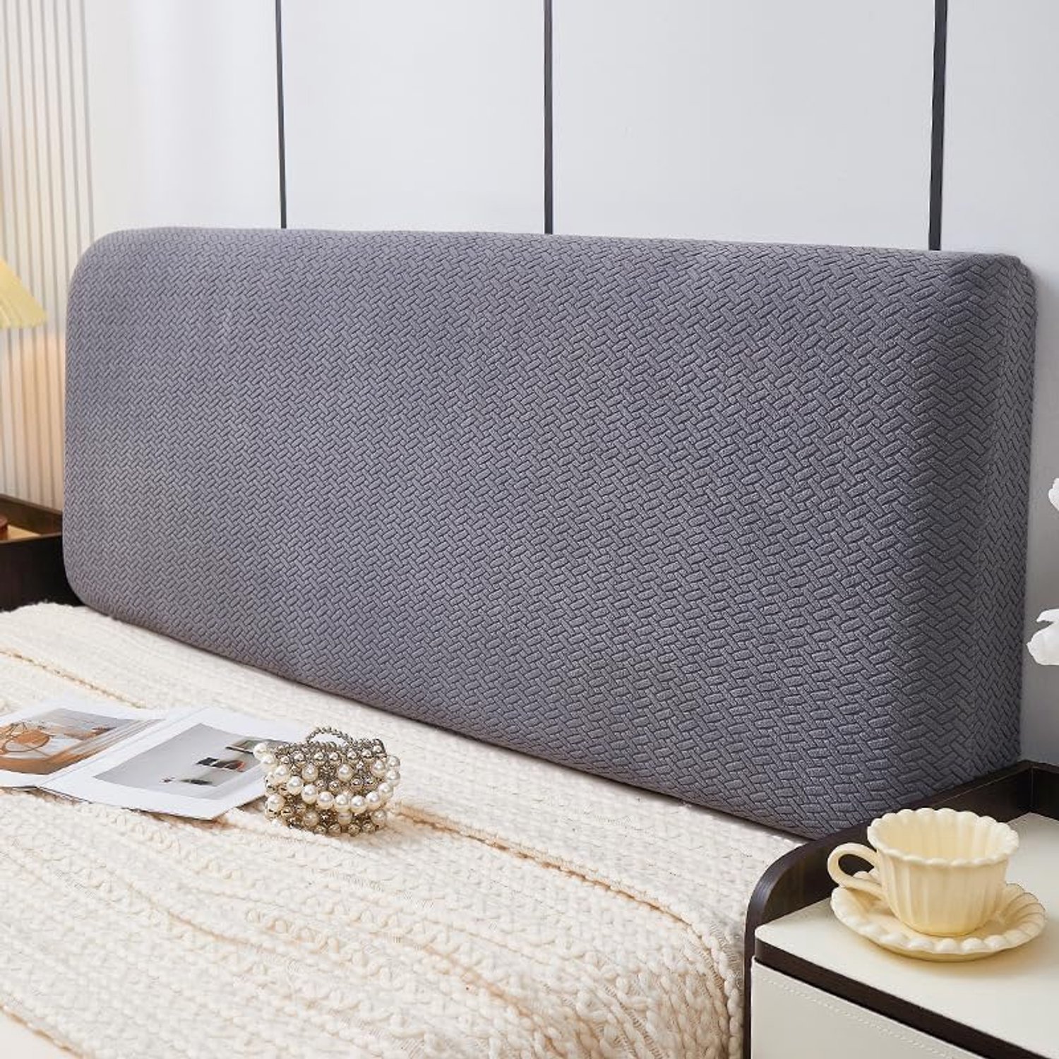 1 Stuk Effen Kleur Stof Jacquard Gebreide Pluche Hoofdbord Cover Stofhoes Alle Seizoen Universele Elastische All Inclusive Hoofdbord Cover 1,2 m Lang (Donkergrijs)