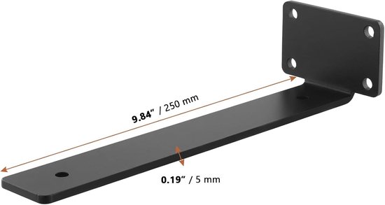 Set van 4 Zwarte Planksteunen, 250 x 5 mm, 90 Graden Plankondersteuning, Sterke Wandmontage voor Kantoor, Woonkamer en Keuken — afbeelding 5