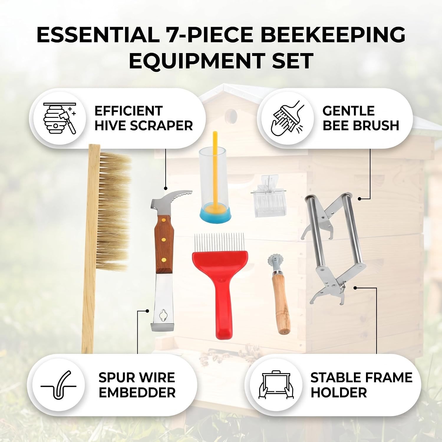 Complete set bijenhouderij gereedschap met bijenborstel, ontmantelingsvork en 7 essentiële tools voor imkers