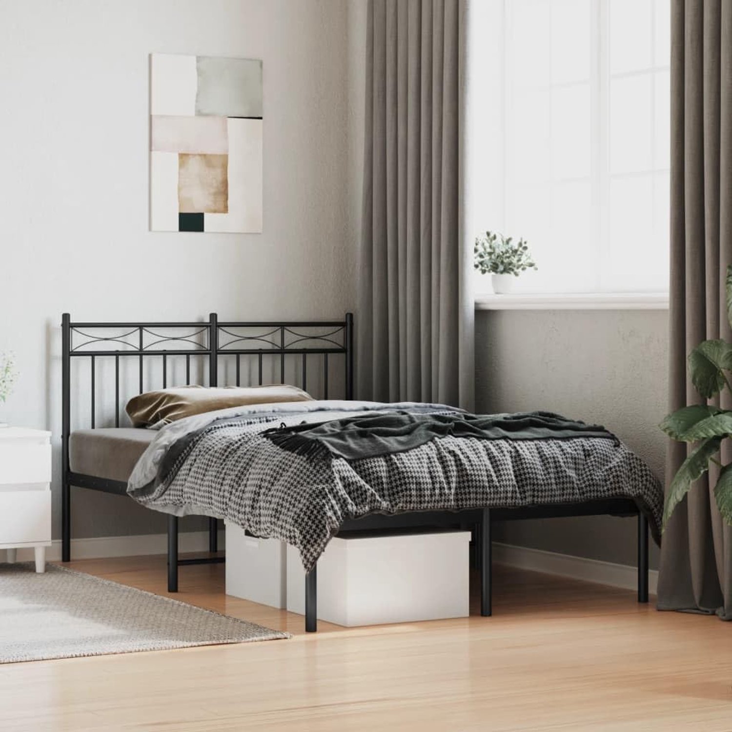 Bedframe met hoofdeinde, metaal, zwart, 120 x 200 cm, bedframe voor woonkamer, hotel, slaapkamer