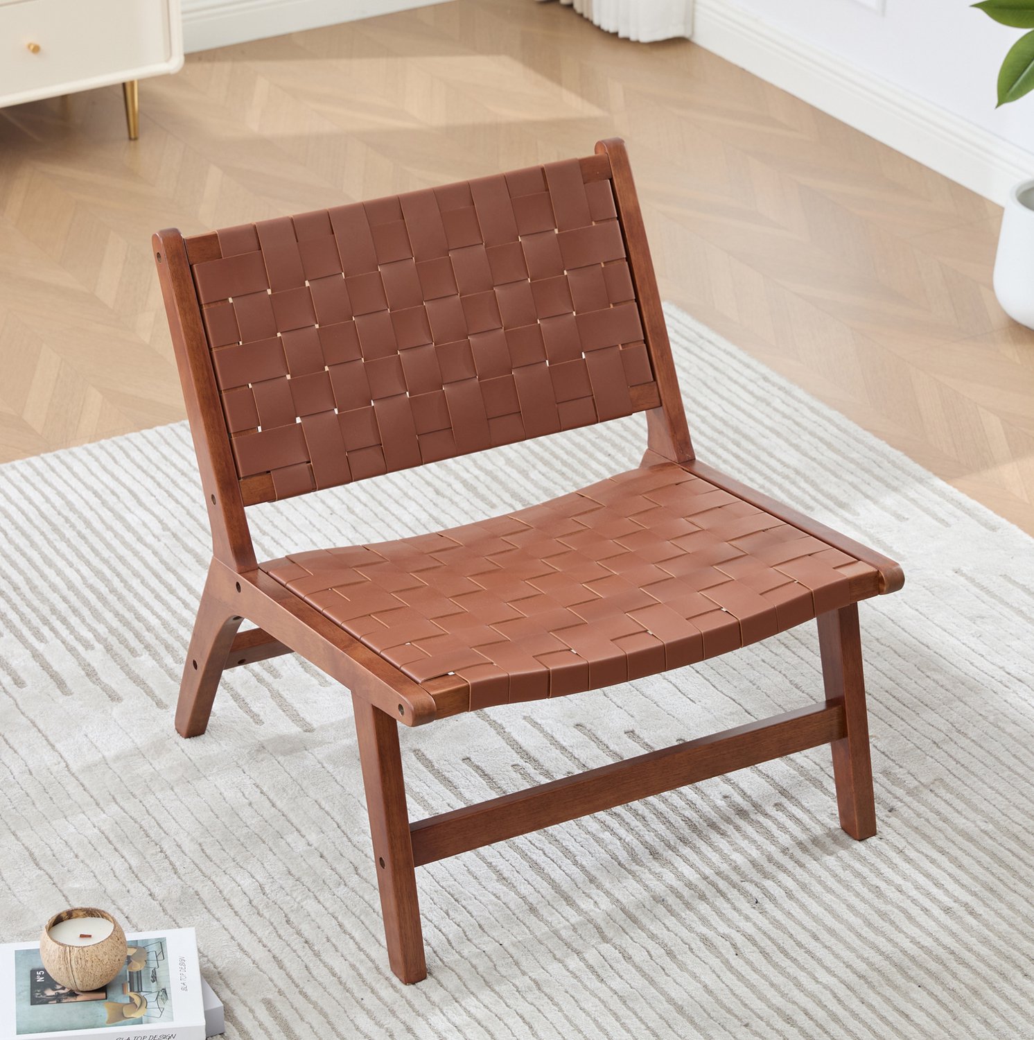 DESMIU Fauteuil 66 Cm - Moderne Gevlochten Zitting Zonder Armleuningen - Voor Binnen En Buiten - Kunstleer En Hout - Bruin