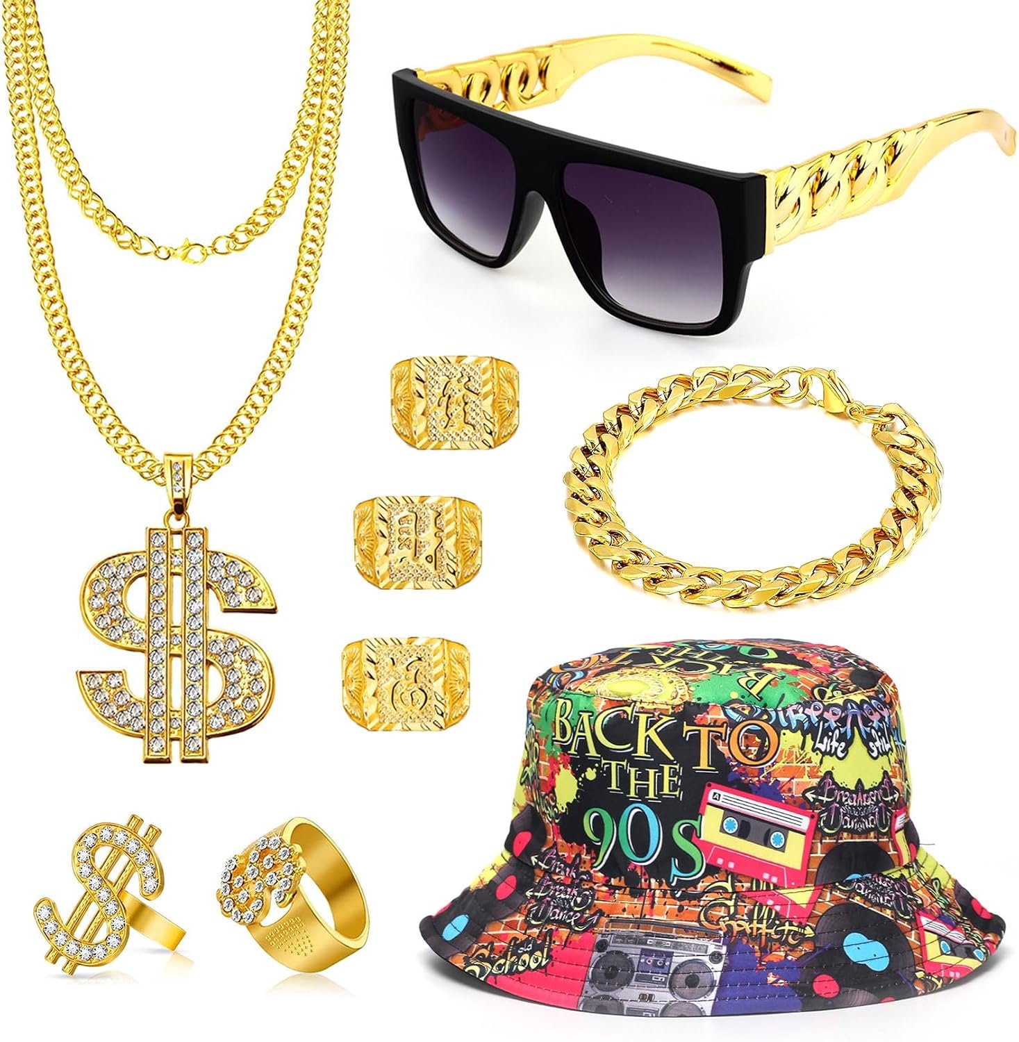 80s 90s outfit heren pooier kostuum accessoires,Carnaval zich vermommen Schaduw tovenaar geld bende kostuum accessoires,Hip Hop pet gouden Dollarketting Ring Armbanden Zonnebril 5 delige set