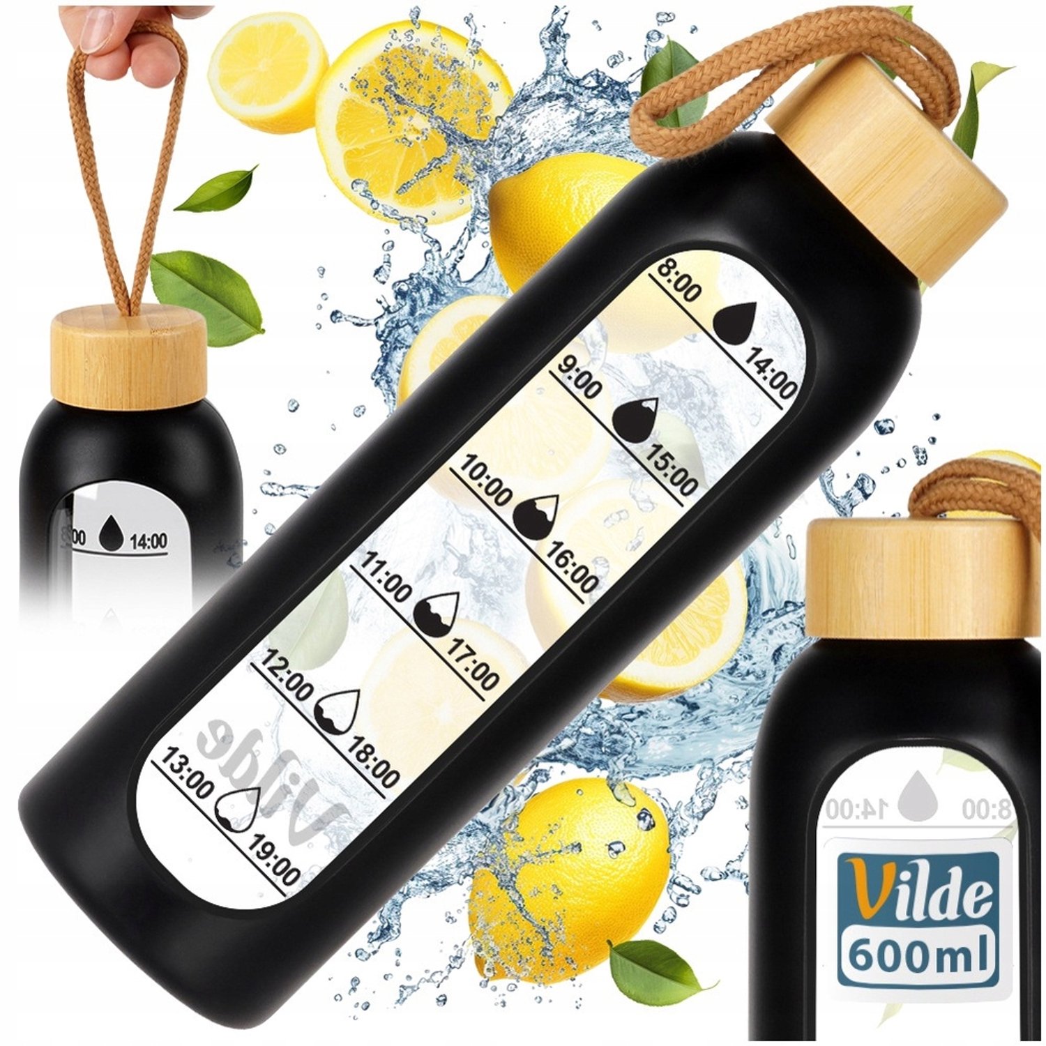 Glazen Waterfles Zwart met Siliconen Hoes - 600 ml