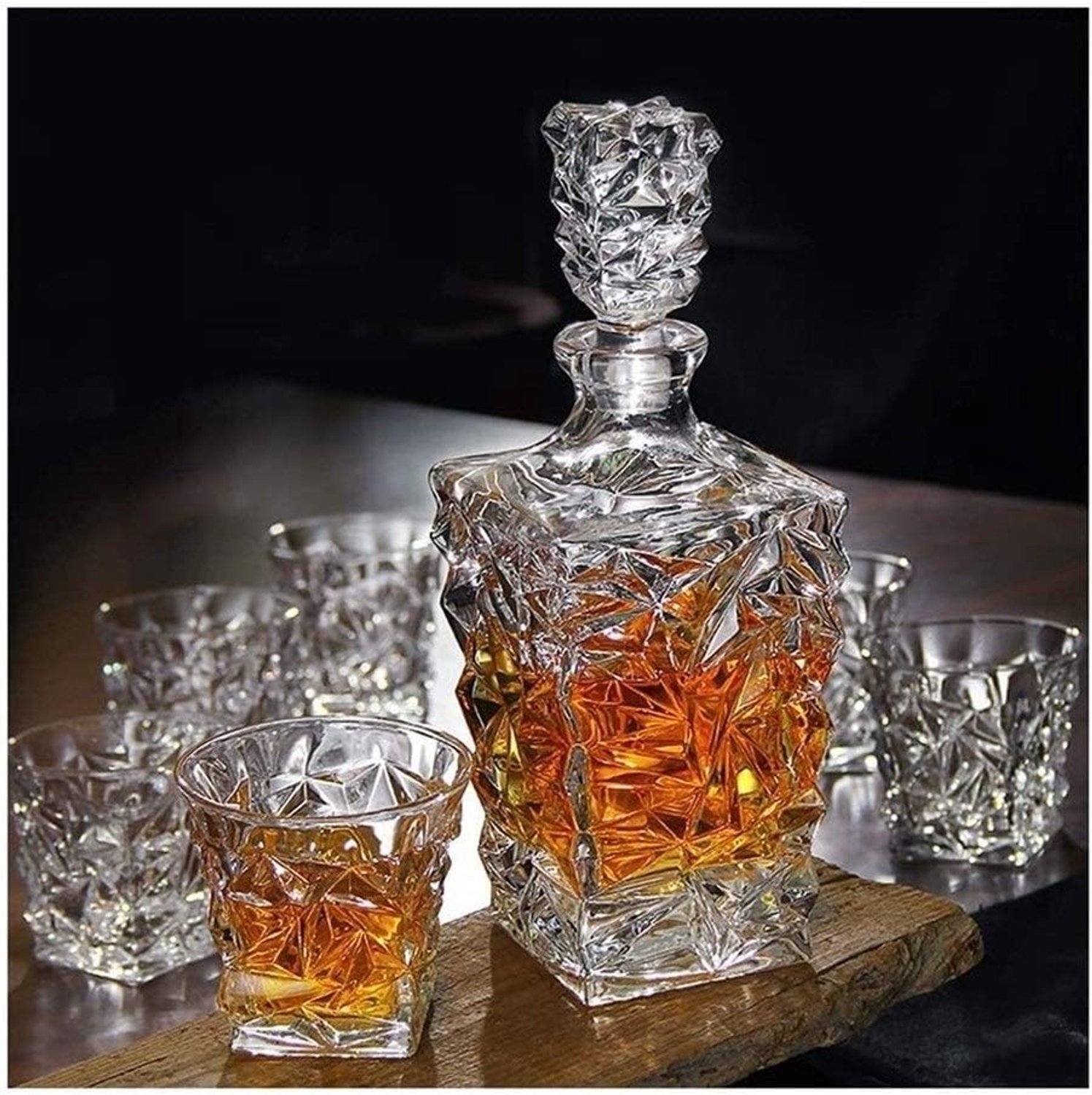 Flessenrek Wijnrek Wijnglashouder 7-delig Whiskey Karaf Set 100% Loodvrij Glas Wijnfles 850ml Met Deksel voor Liquor Scotch Bourbon Of Wijn
