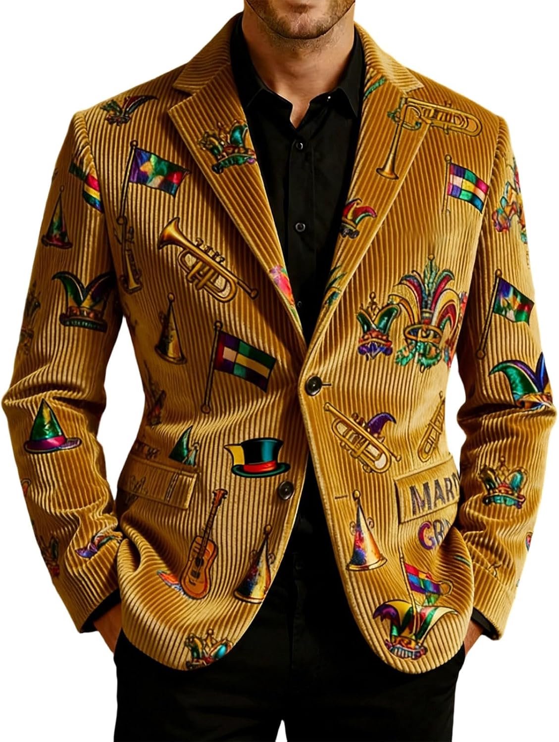 Générique Bedrukte corduroy jas voor feestjes en avonden - moderne jas met knopen voor formele evenementen en casual bijeenkomsten (goud, XXL)