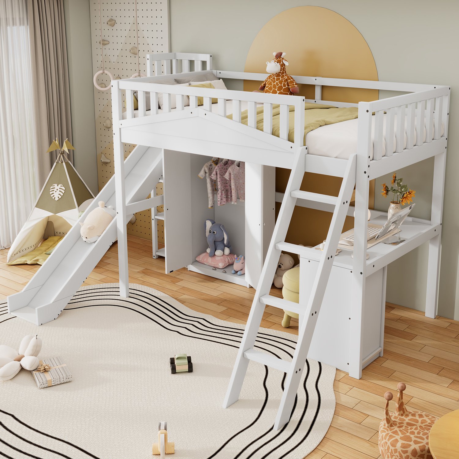 Merax Kinderbed 90x200 cm - stapelbed met bureau en kast - veel opbergruimte - wit - zonder matras