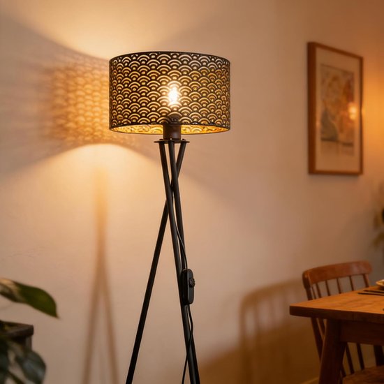 Vintage led-vloerlamp, driepoot, met dimbare schakelaar, retro staande lamp met E27 lampfitting, metalen ruitpatroon, kap — afbeelding 5