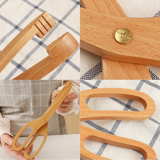 2 stuks beukenhouten schaartang (25 cm), toasttang met antislip punten, korte houten tang om te koken, Koreaanse stijl, herbruikbaar, dik, licht, ideaal voor brood, taart, fruit — afbeelding 4