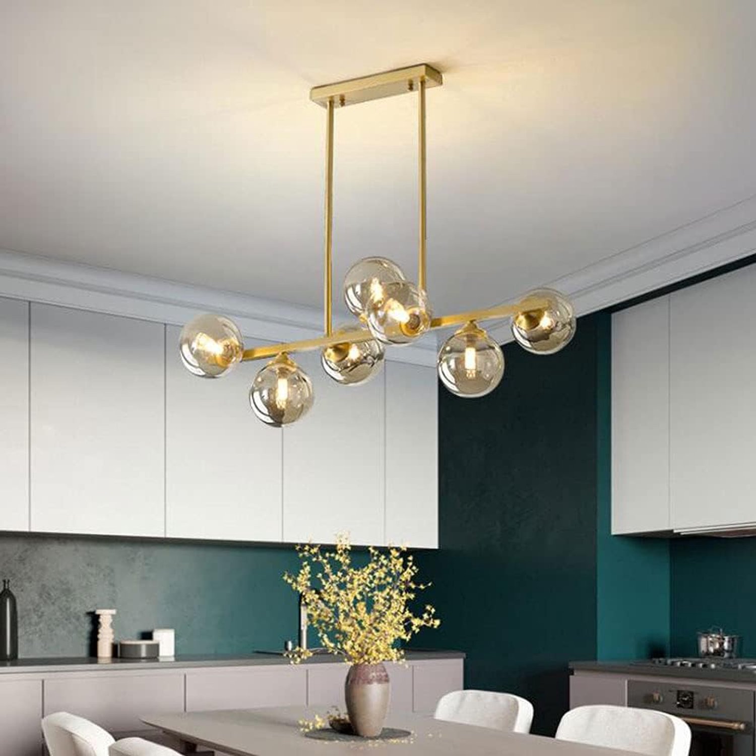 Hanglamparmatuur Vintage goud koperen hangende plafondlamp met helderglazen bolkappen Eetkamer hanglamp Bar Rechthoekige binnenverlichting Woonkamerlamp