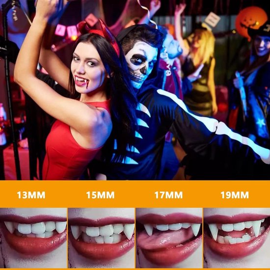 5 Stuks Vampiertanden Kit 4 Maten Custom Fangs Vampiertanden Nep Kunstgebit met 1 Buis Tanden Pellets Lijm voor Cosplay Party Props Halloween Party Fangs Vampier Tanden Kostuum Nep Kunstgebit, 1 — afbeelding 3