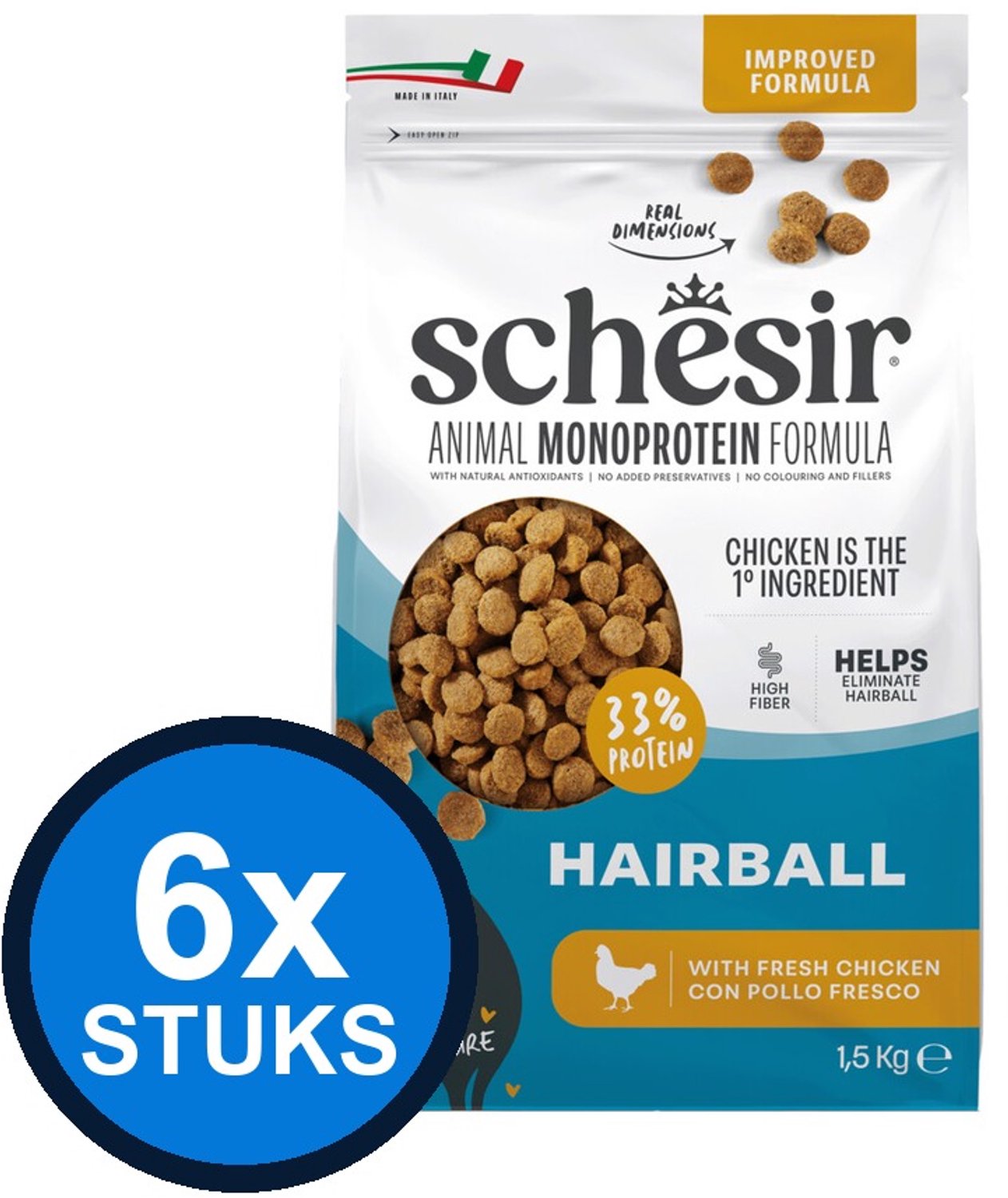 6x Schesir - Kattenvoer - Droogvoer - Hairball Kip - 1,5kg