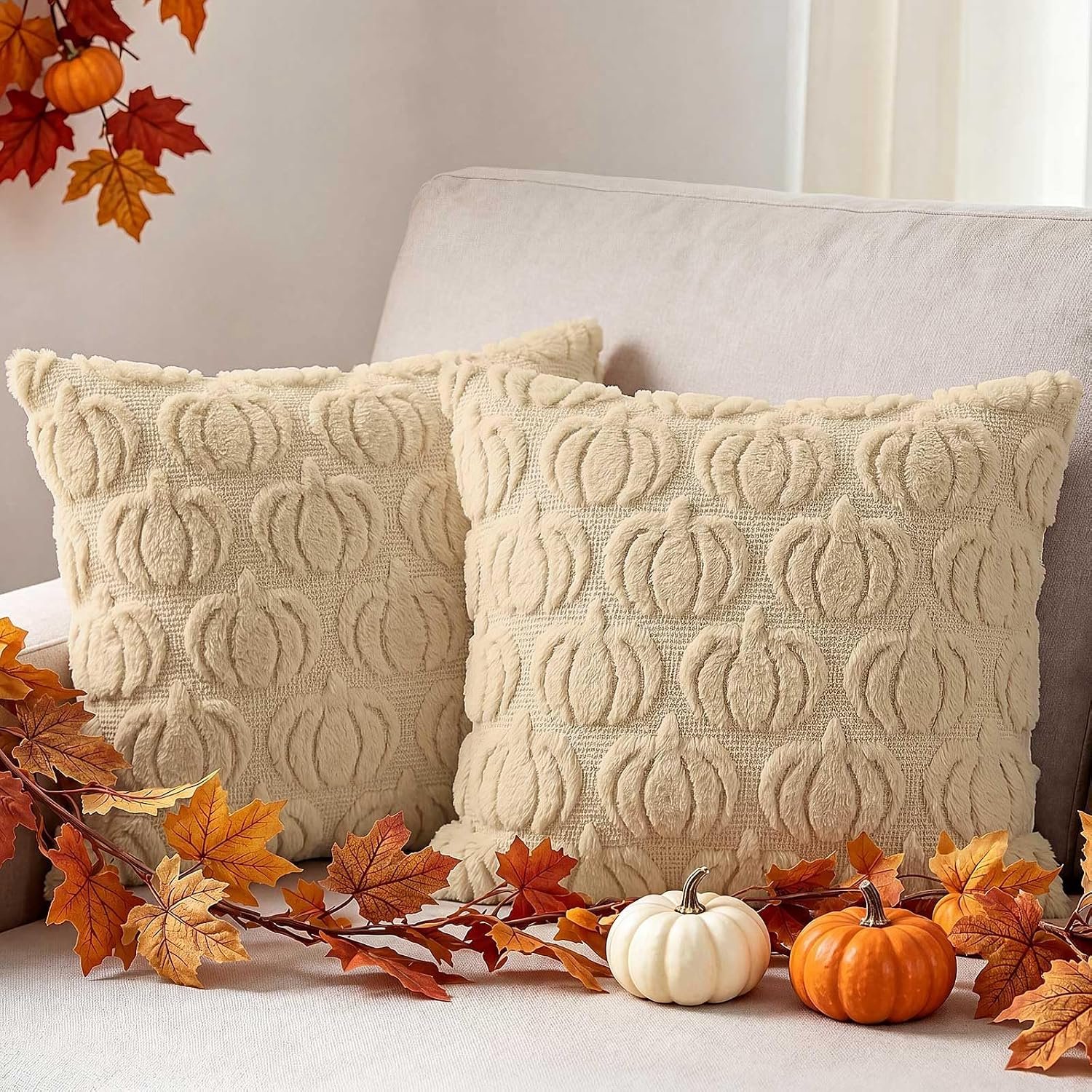 Benjia Set of 2 Autumn Cushion Covers 40x40cm Pumpkin Decorative Cushion Cover Soft Pillowcases Modern Pillowcase for - ShopVlot