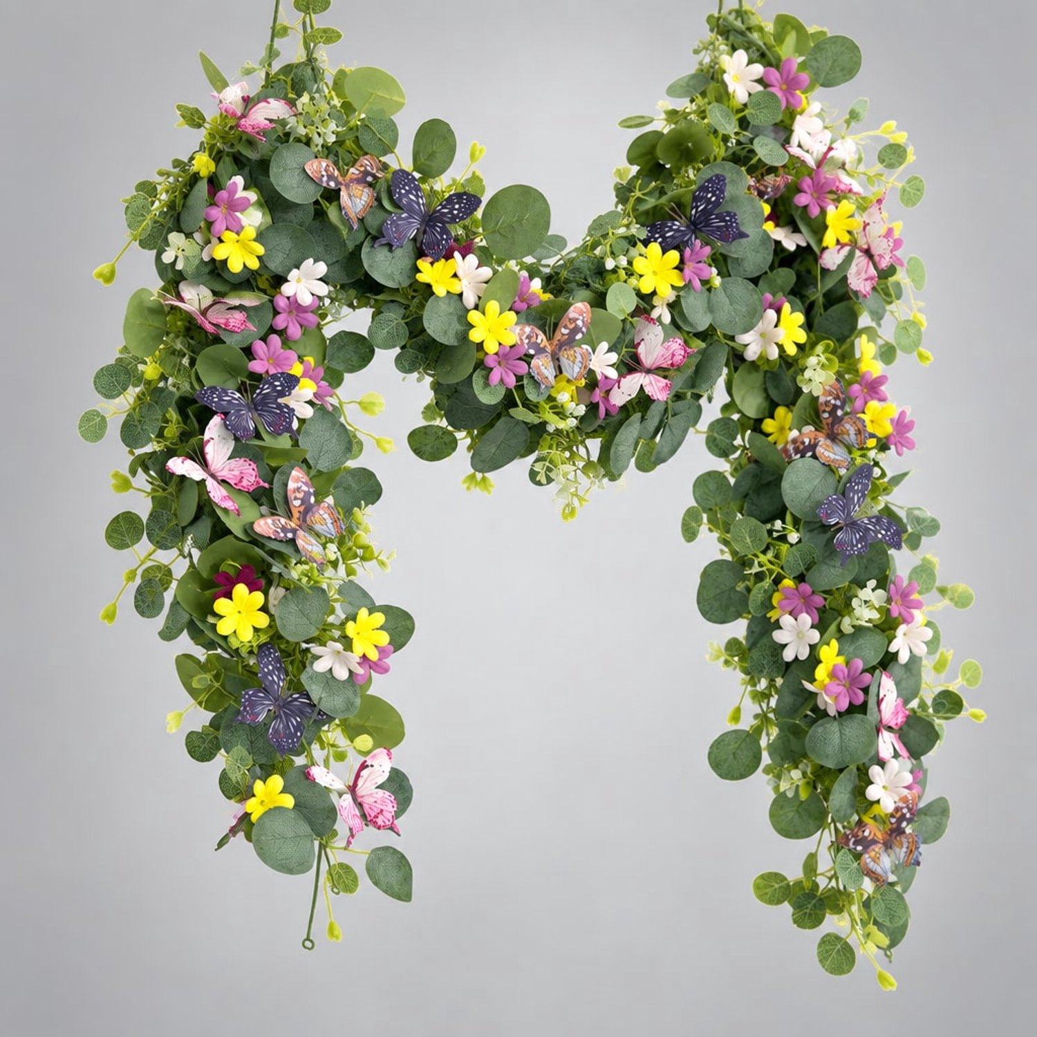 YYchan Kunstplant Eucalyptus Slinger met 3D Vlinders en Bloemen - Set van 2