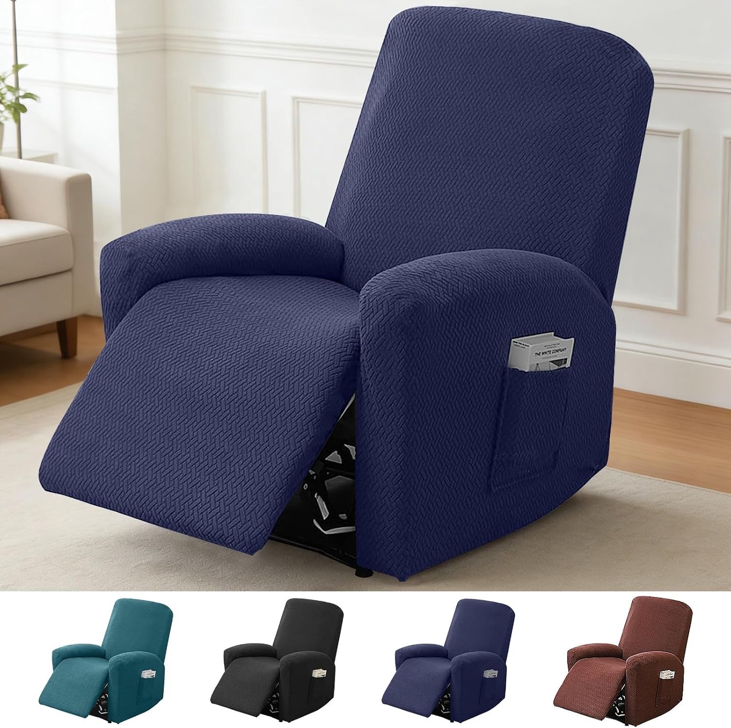Verstelbare Stoelhoes Set van 4, Antislip Recliner Hoes, Stretch Hoes met Armsteun Bescherming en Opbergtas, Elastische Polyester, Bescherming voor Relaxfauteuil en TV Stoel