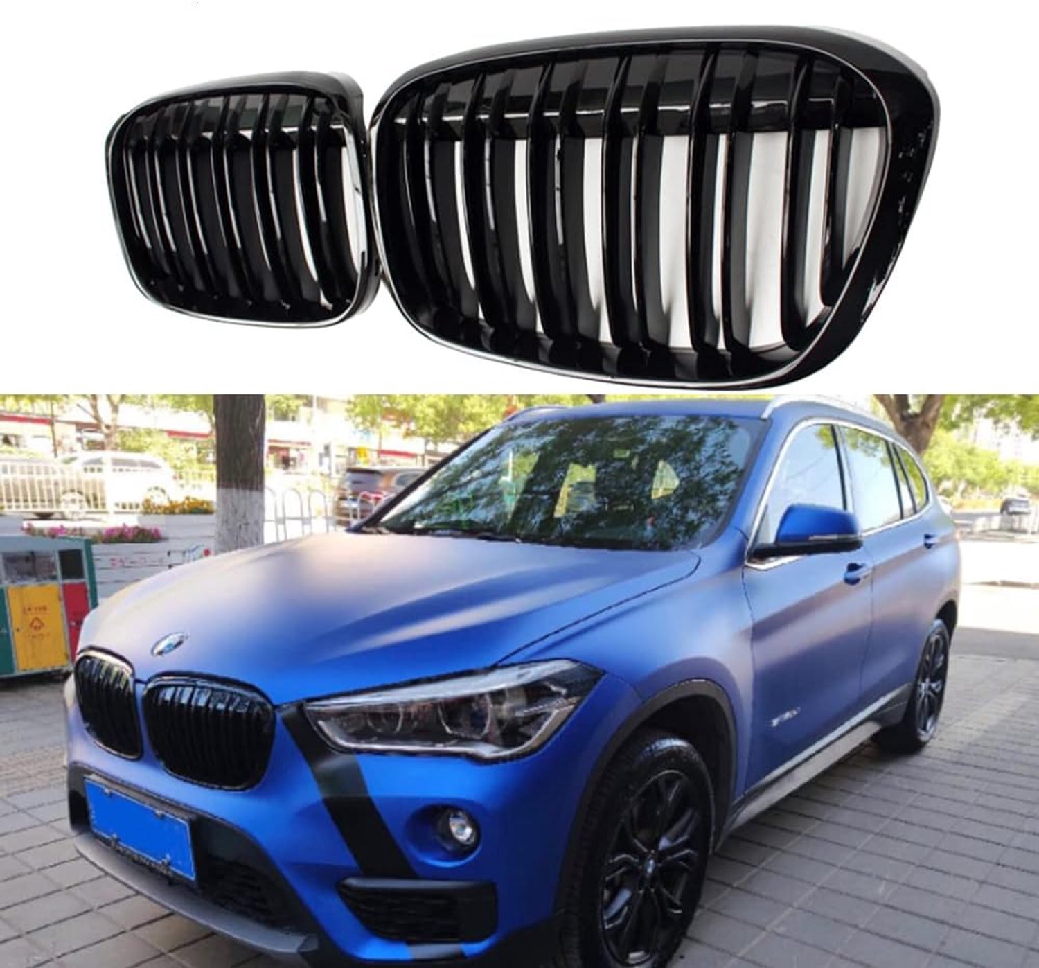 Een Paar Glossy Zwart Dual Latten Roosters Voorbumper Nieren Grille Voor BMW X1 F48 F49 2016-2020 XDrive Dubbele Lijn M stijl