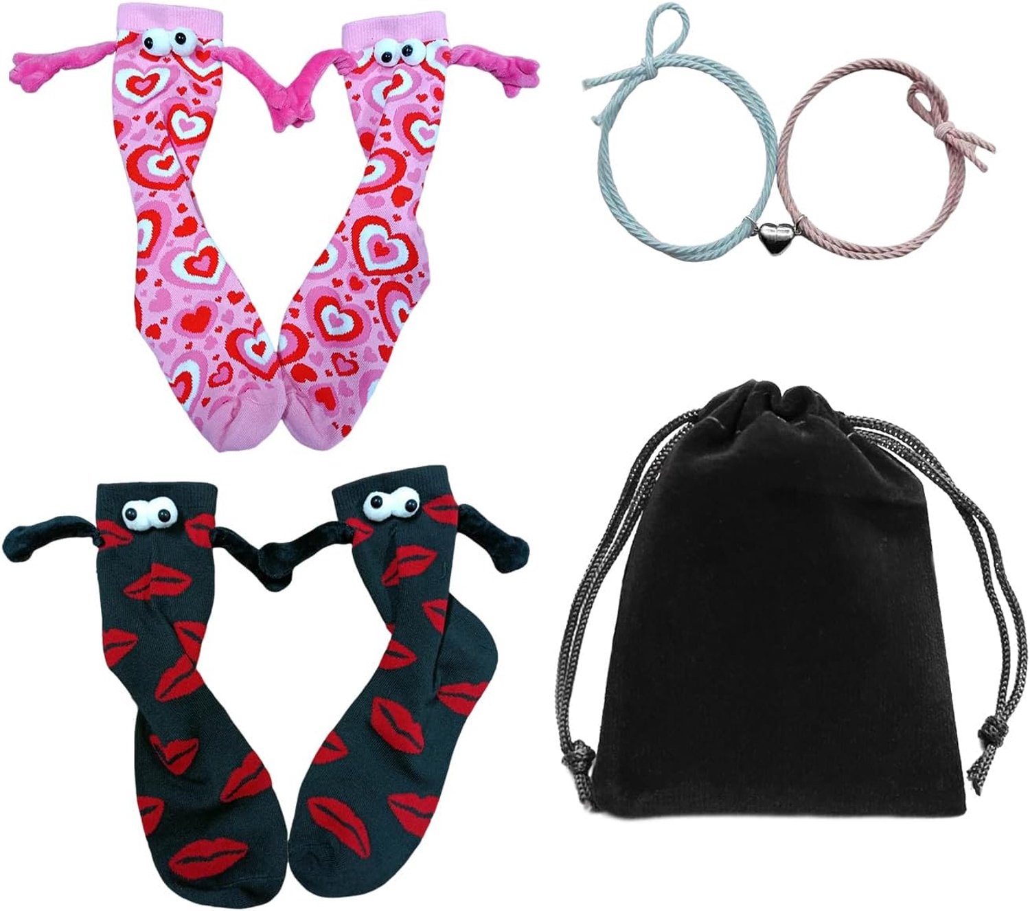 2 paar handsokken, 2 stuks armbanden, 1 zwarte opbergtas, comfortabele en ademende sokken, grappige accessoires, nieuw Valentijnsdagcadeau., Meerkleurig, M