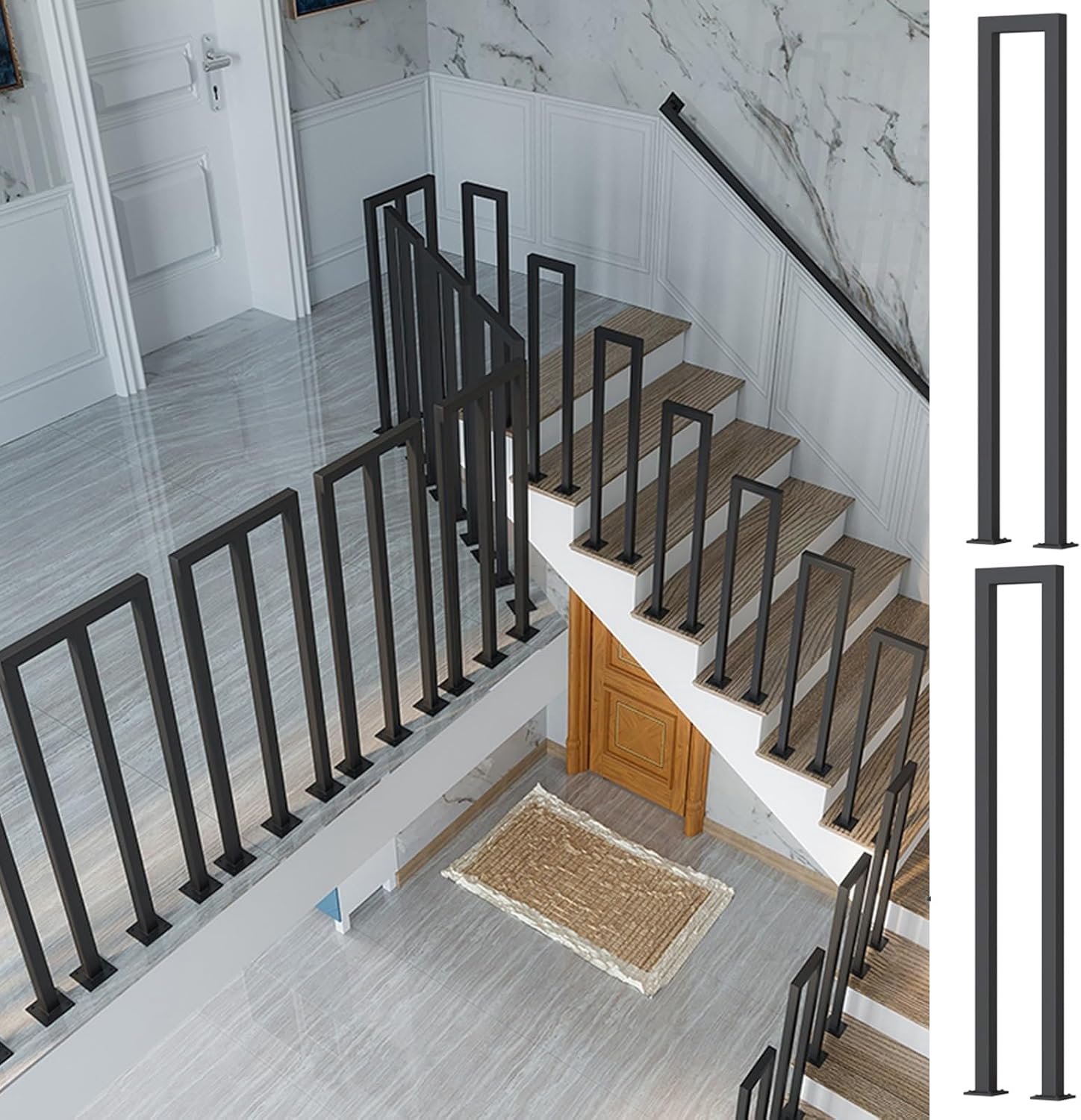 Zwarte vierkante ijzeren baluster U/M-vormige trap il zolder vangrail spindelpaal voor veranda dek indoor outdoor set van 2 (70cm/27,5 inch)