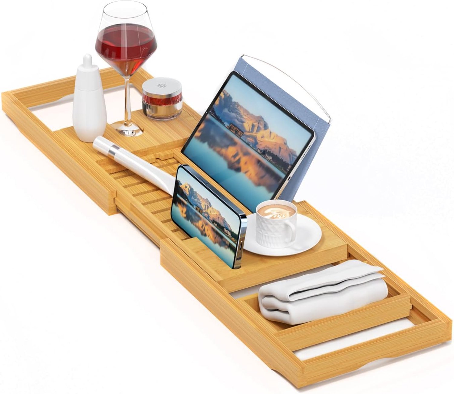 Sen Yi Bao Luxe badkuip Caddy Tray, bamboe badkuip lade Caddy - houten bad lade uitbreidbaar, kan worden geplaatst boek en geïntegreerde tablet smartphone en wijnhouder - cadeau-idee voor dierbaren