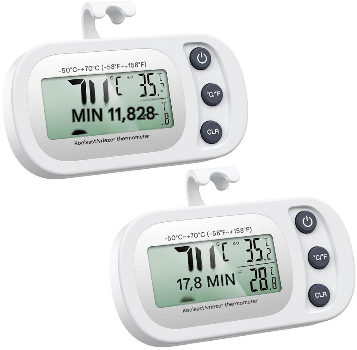 SSTRWGOOD 2 Stuks Koelkastthermometer - Vrieskastthermometer - 8.5x4.5x1cm - Magnetisch en met Haak - Max Min Temperatuuraanduiding - Geschikt voor Thuis Bars en Cafés - Kunststof