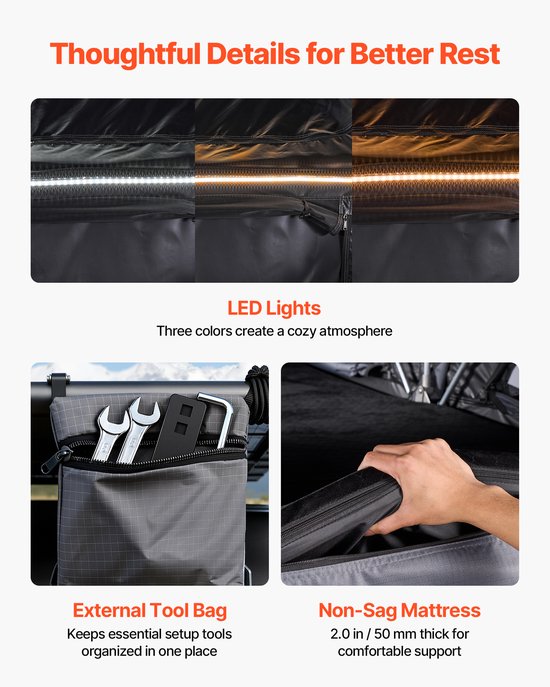 VEVOR Hard Shell Daktent voor 2-3 Personen, Opvouwbare Aluminium Kampeertent met Driekleurige LED-Verlichting, Dik Matras en 10 Ramen, Waterdicht en Winddicht, voor Jeep, SUV en Pick-Up — afbeelding 4