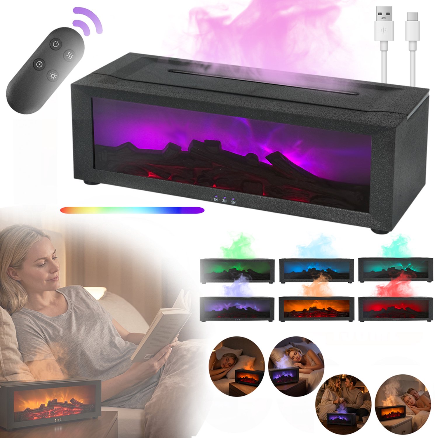 Haarddiffuser, Vlamdiffuser, Olieverspreider Met Afstandsbediening, 3d-Vlameffect, 7 Kleuren & Timer.
