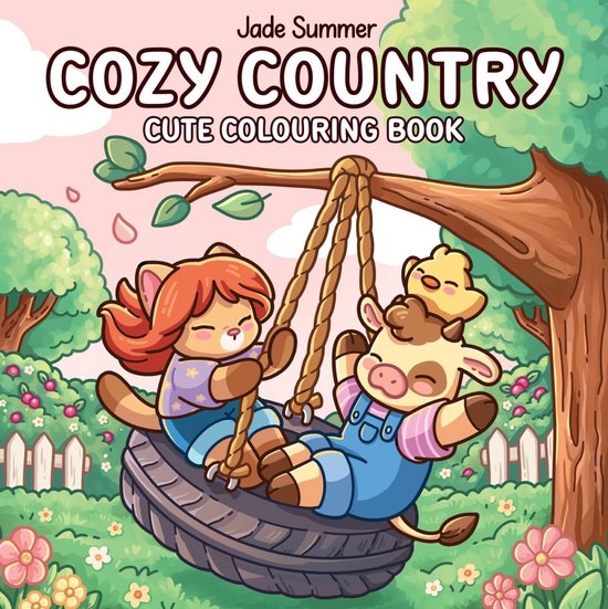 Kleurboek Cozy Country met een kat en een koe die in een bandenschommel zitten in een zonnige tuin.