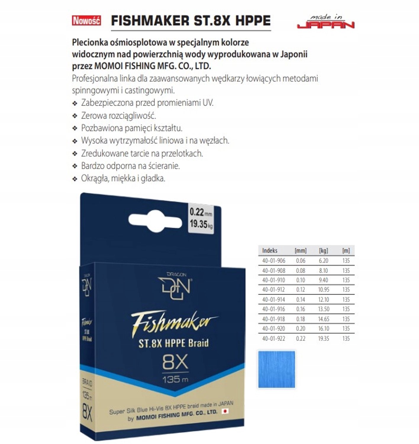 Dragon Fishmaker ST.8X HPPE Momoi Blauwe Vislijn 0.22mm 135m