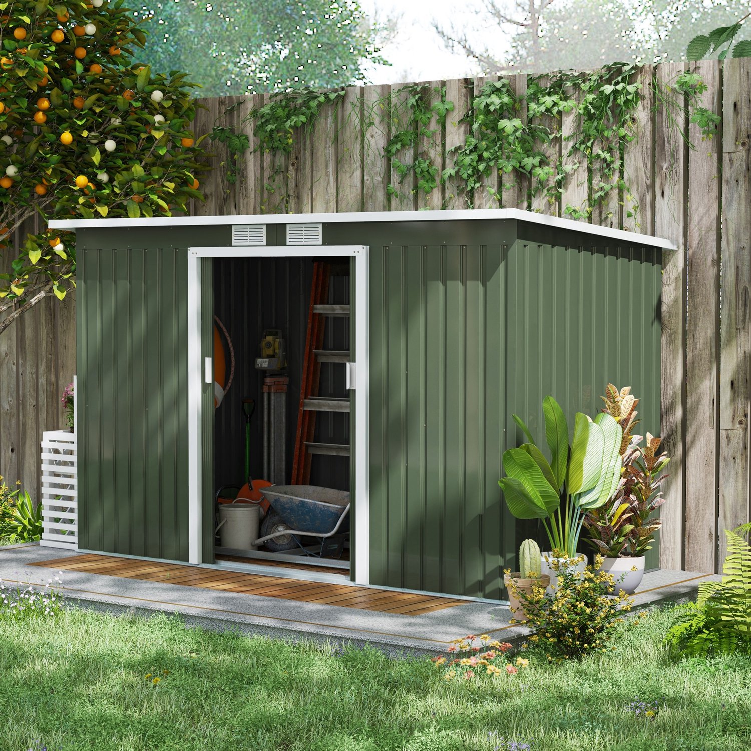 WUVRIE - Stalen gereedschapsschuur 280 x 130 x 172 cm - Schuifdeur en 2 ventilatieroosters - Lichtgroen