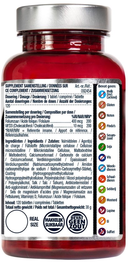 Achterkant van Lucovitaal Foliumzuur + Vitamine D3, met ingrediënten en voedingswaarde.