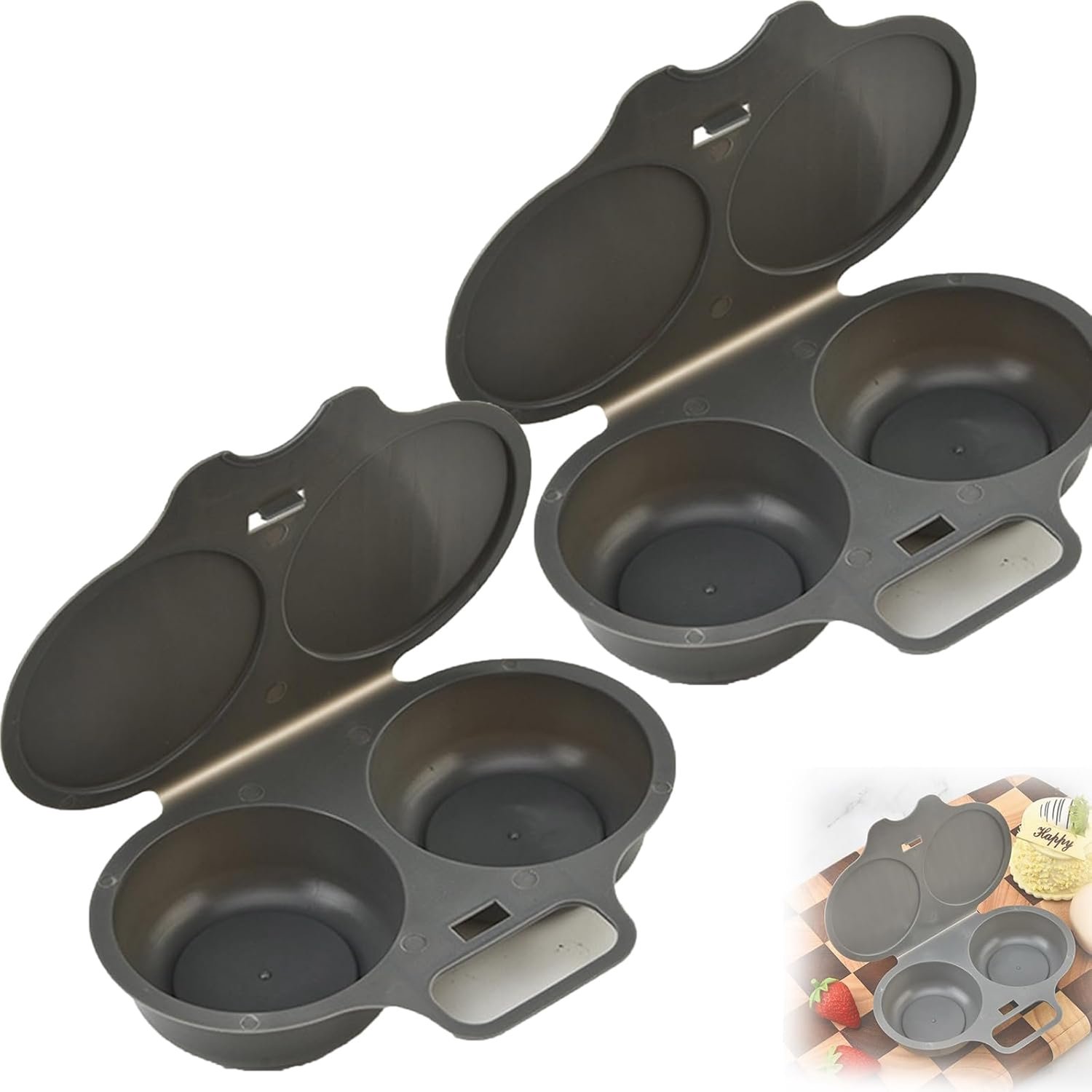 2 Stuks Magnetron Eierkoker - Eierstoompan - Eipocheerder - Kook Twee Eieren Tegelijk - 2 Holtes - Hittebestendig PP Materiaal - Donkergrijs - Geschikt voor Keukengebruik