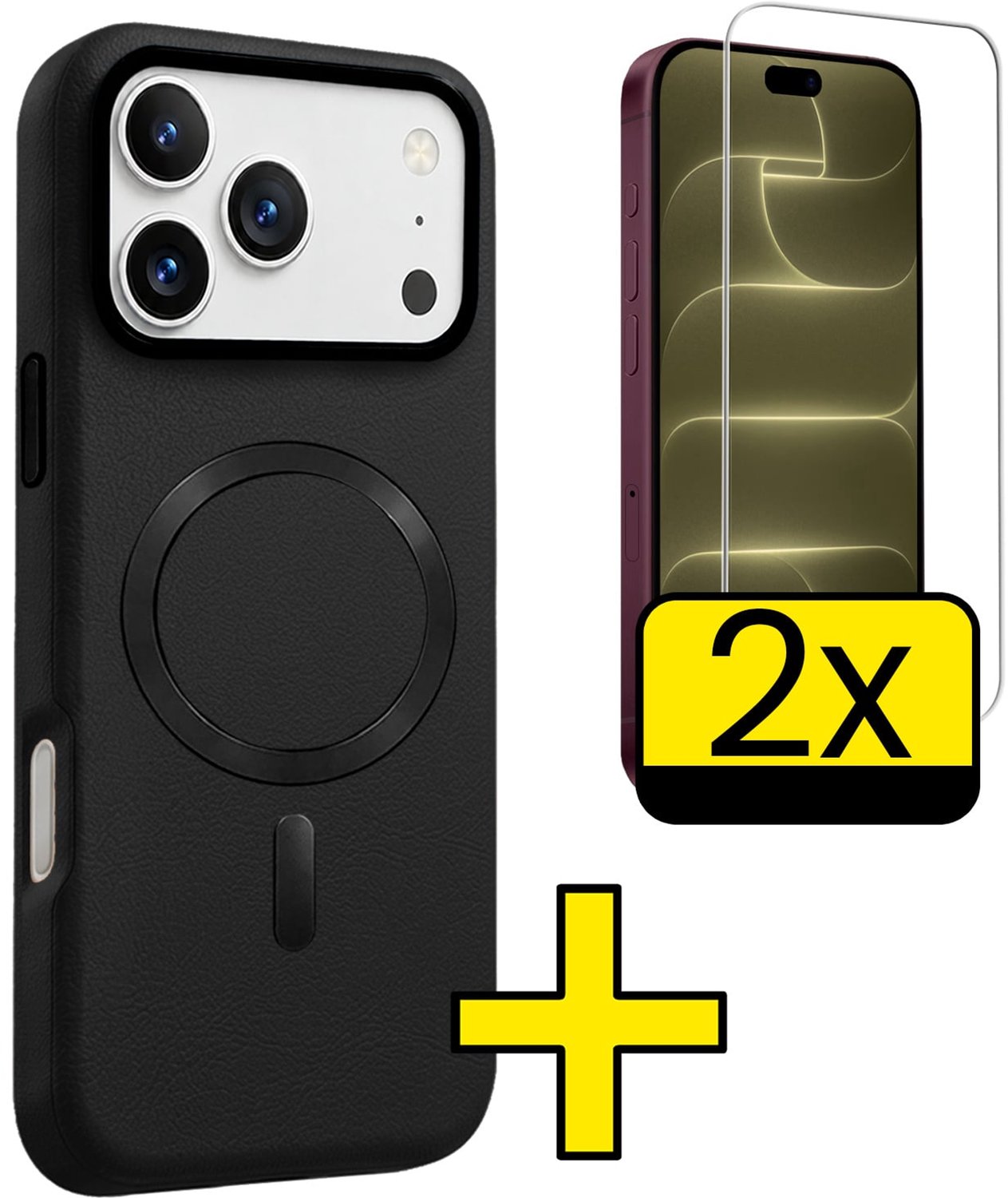 Hoesje - Met 2x Screenprotector - Geschikt voor Apple iPhone 18 Pro Max - Magsafe Compatible - Leer Look - Sterk & Shockproof - Back Cover - Shock Proof Case - Telefoon Hoes - Telefoonhoesjes - Zwart